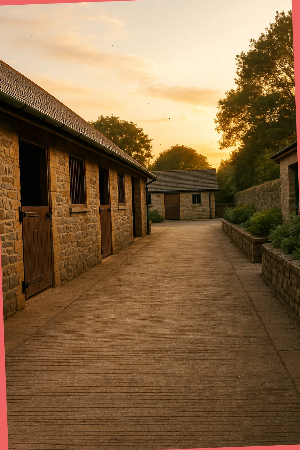 Evening light across a tidy Devon yard with swept walkway