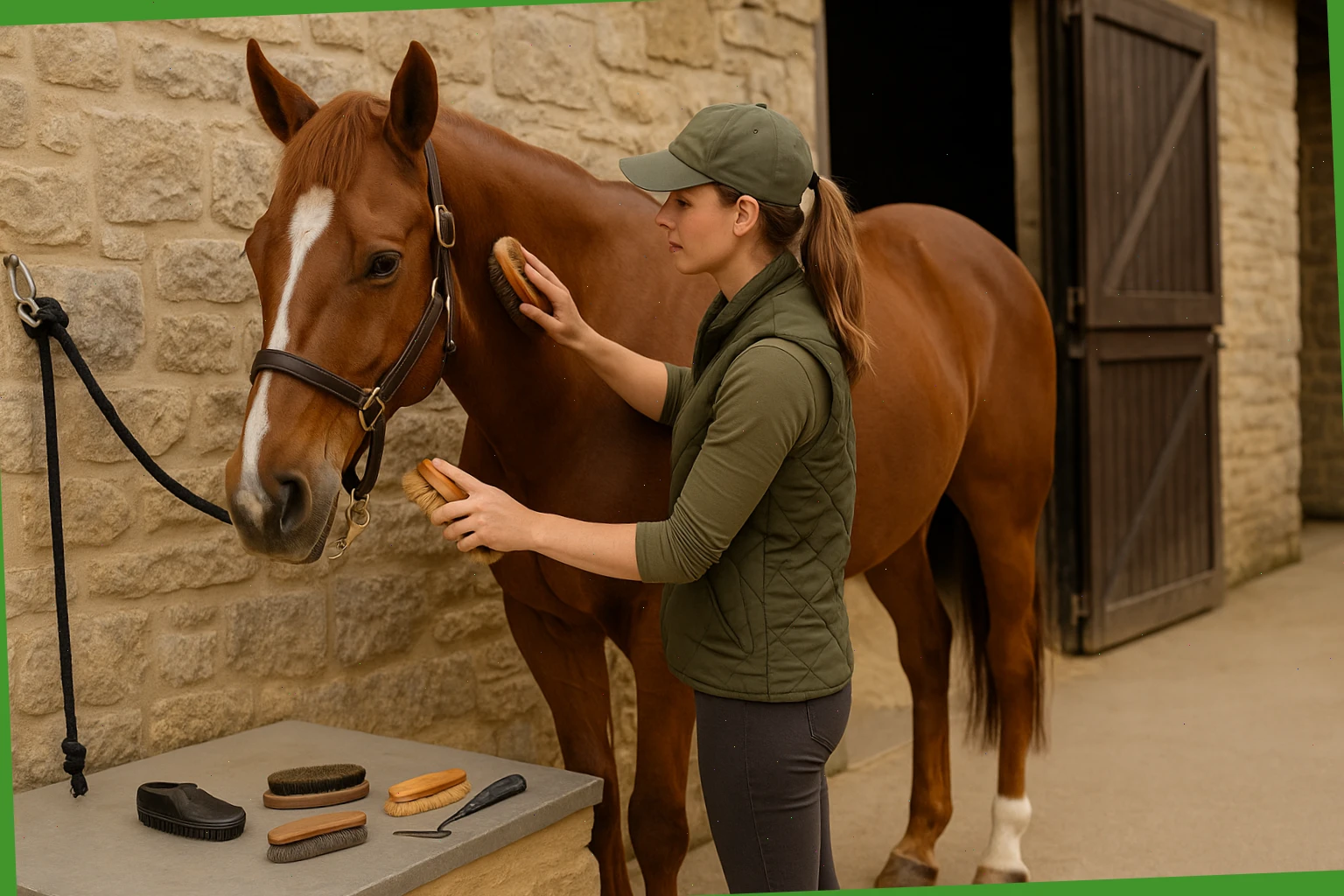 Groom brushing a chestnut horse at the tie-up with tools set out