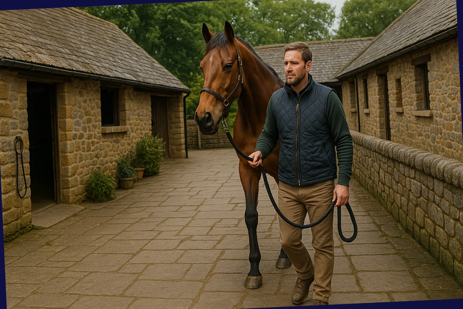 Ben, senior groom, leading a bay gelding through the yard