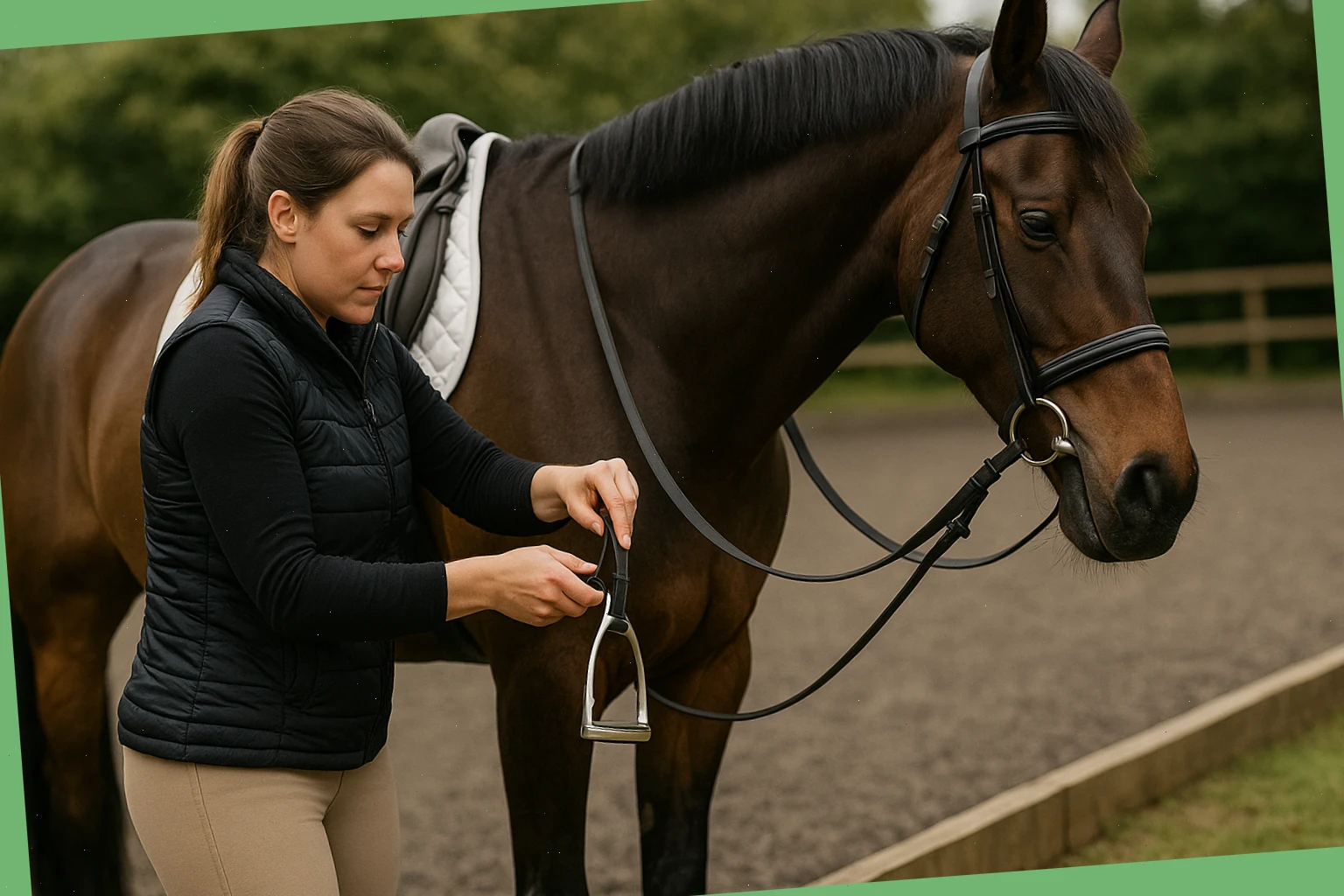 Lucy, exercise lead, adjusting stirrups beside the arena