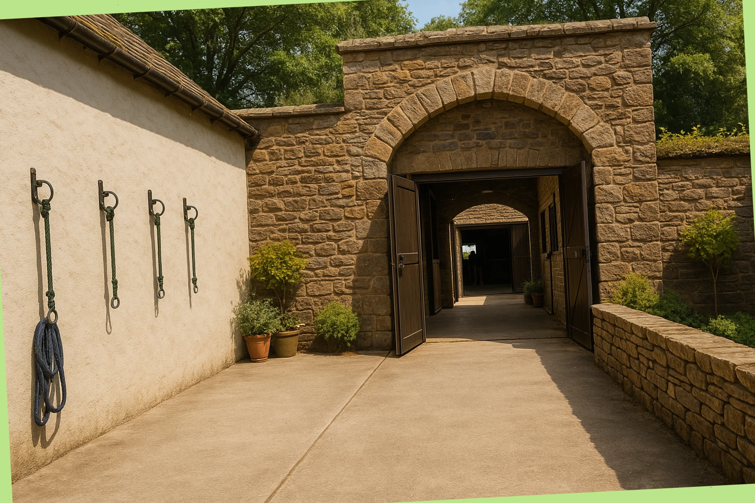 Stable yard entrance in Devon with tidy tie-up area and low stone wall